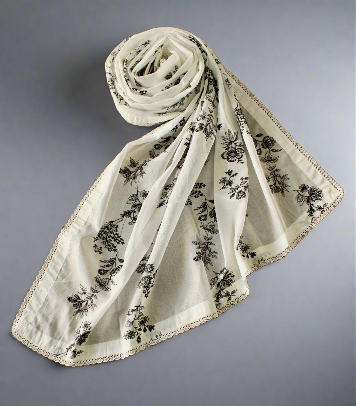 Embroidered Swiss Lawn Shawl With Lace - E1395